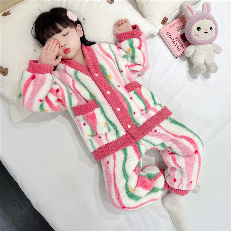 女童珊瑚绒睡衣套装秋冬季法兰绒
