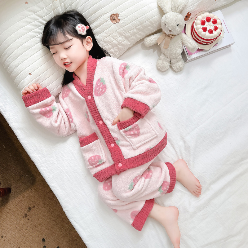 女童秋冬珊瑚绒睡衣开衫套装