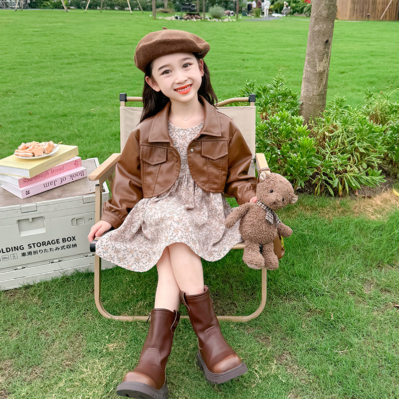 女童春季套装皮衣碎花裙两件套