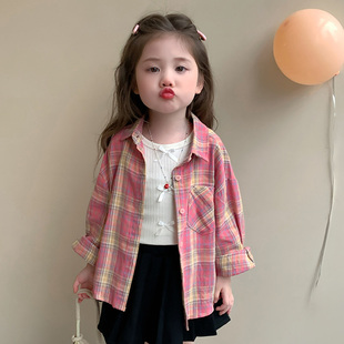 女童2025春秋季新款粉黄格子衬衫外套韩版时尚洋气百搭上衣女宝宝