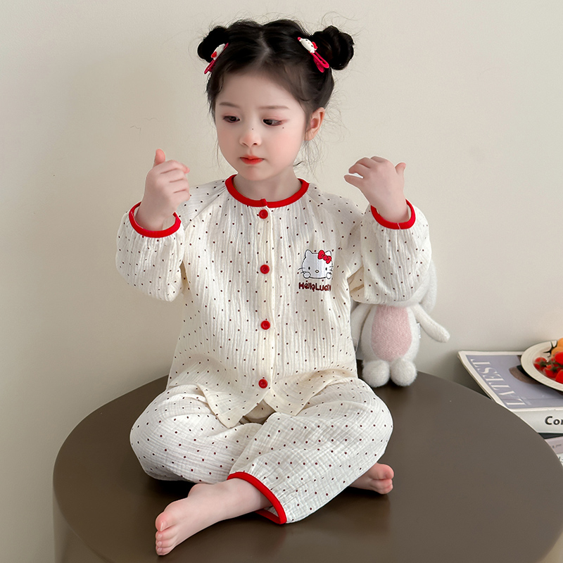 女童纯棉a类纱布开衫睡衣套装