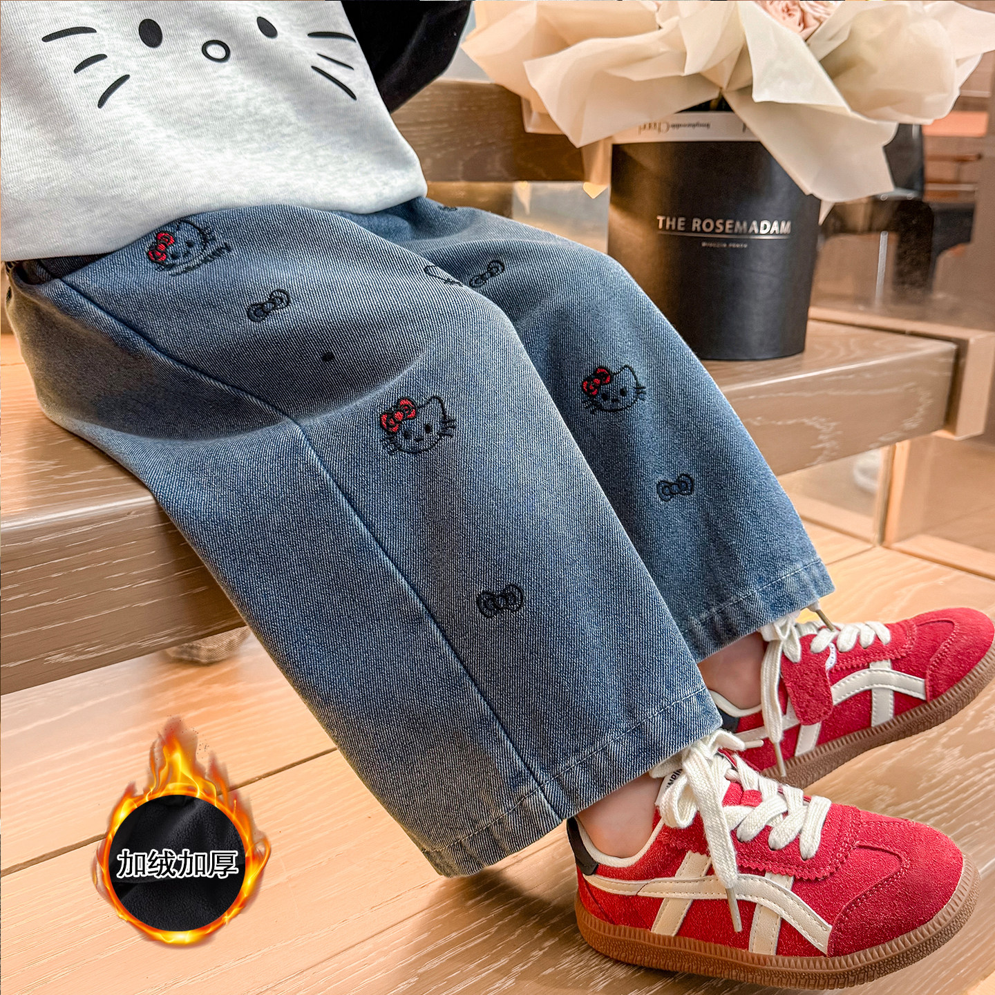 女童加绒牛仔裤2025秋冬季新款时髦保暖长裤冬装阔腿休闲长裤百搭