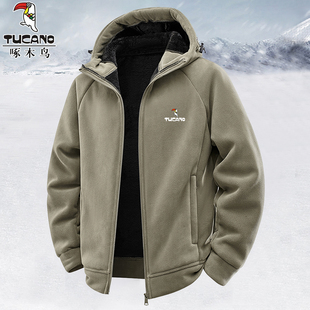 啄木鸟加绒加厚卫衣男士2025新款秋冬季连帽羊羔绒外套抓绒衣夹克