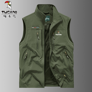背心多口袋摄影钓鱼坎肩外套 立领工装 啄木鸟春秋季 马甲男2026新款