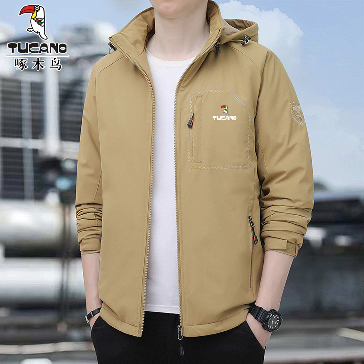 啄木鸟夹克男士秋冬季冲锋衣加绒工装户外休闲防风衣大码宽松外套