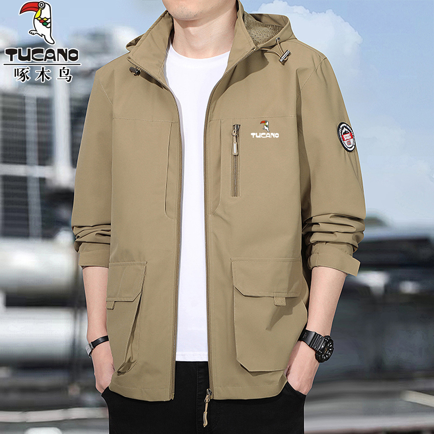 啄木鸟夹克男中年宽松大码春秋季户外防风防水冲锋衣多兜工装外套