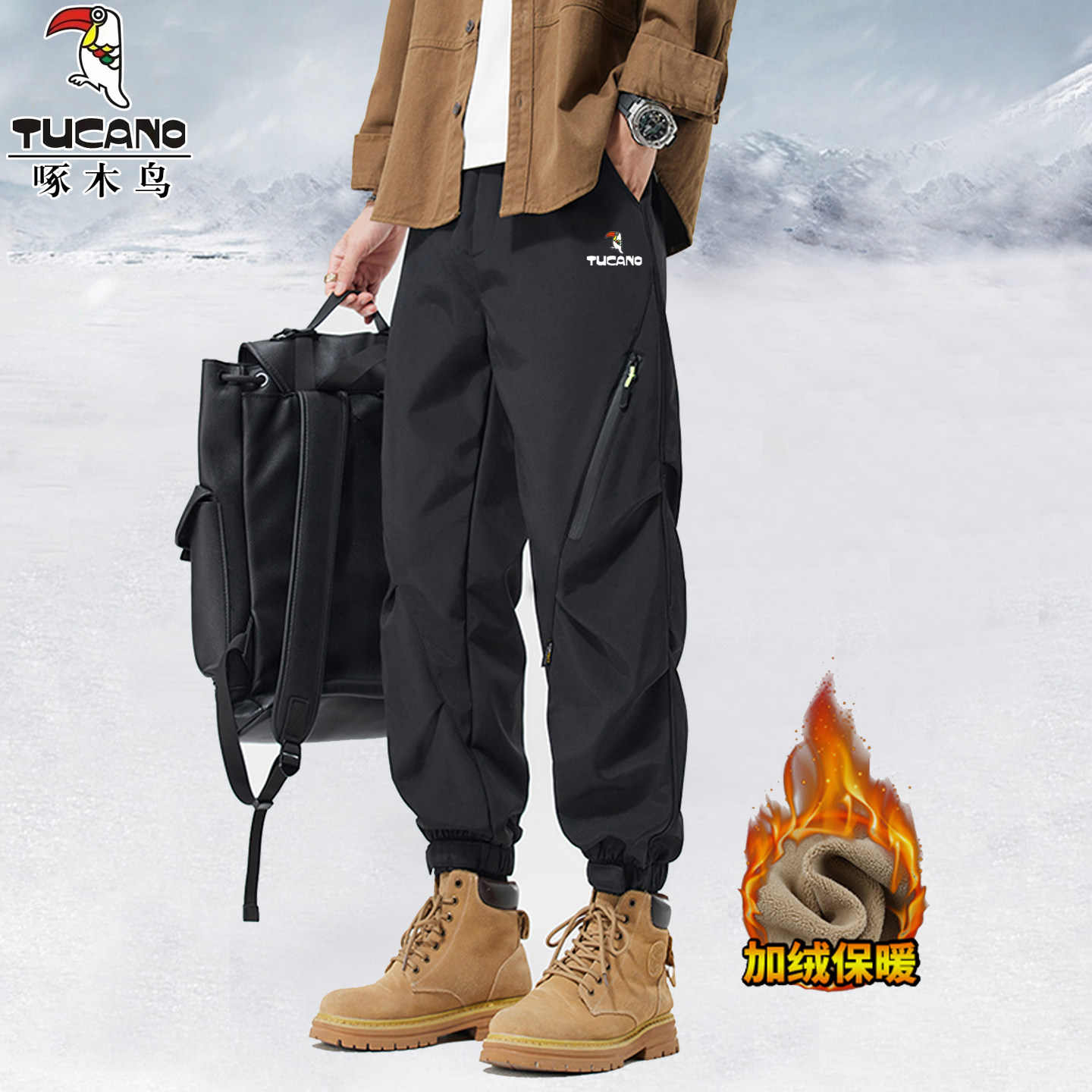 啄木鸟冲锋软壳裤男秋冬2025新款防风防水加绒保暖徒步登山工装裤