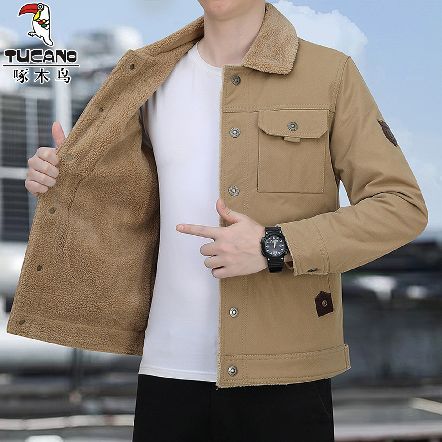 啄木鸟棉衣冬季羊羔绒棉袄男士加绒加厚夹克休闲宽松工装棉服外套