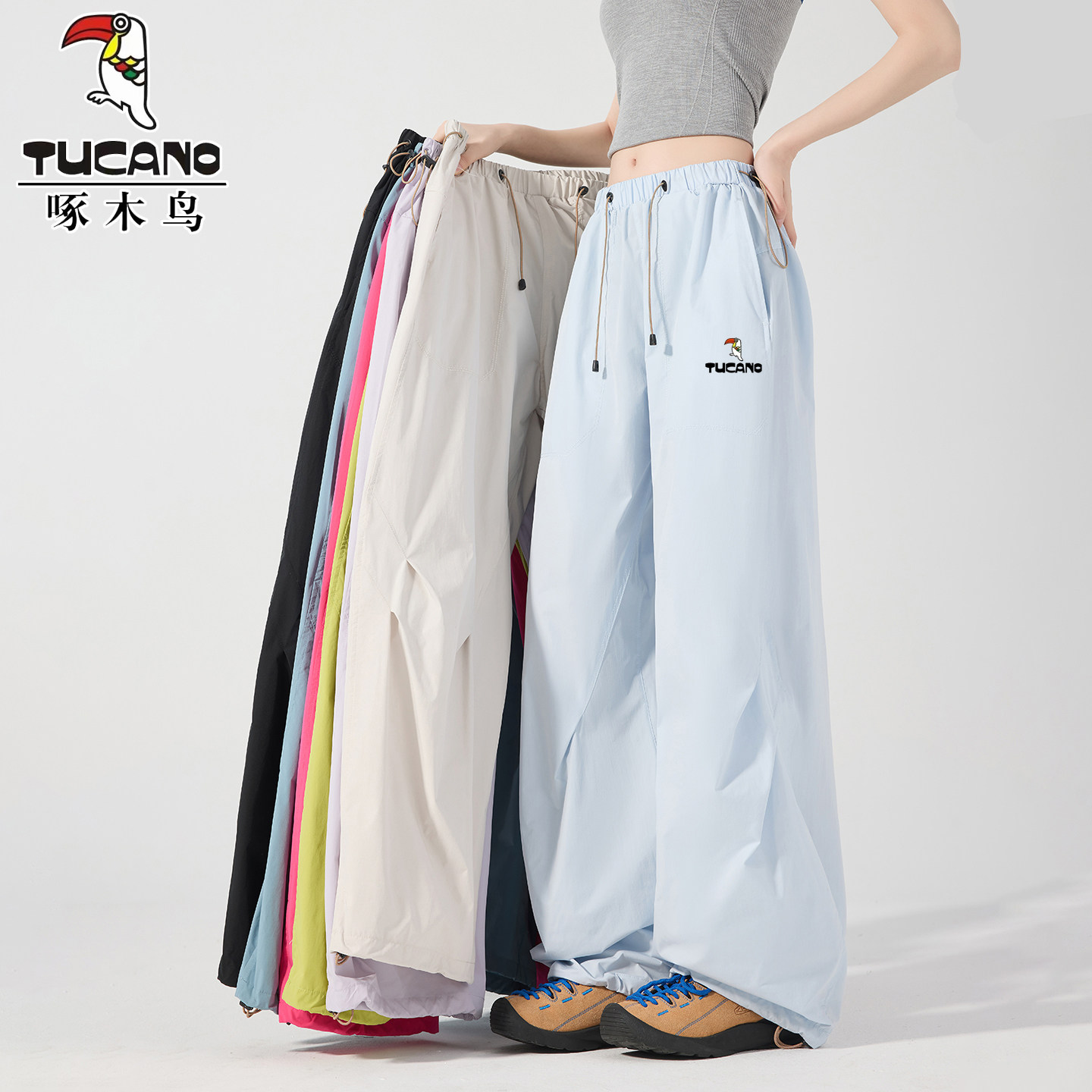 啄木鸟美式高腰工装裤女2026新款薄款春夏小个子休闲阔腿伞兵裤子