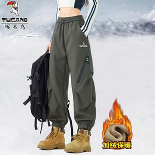 啄木鸟冲锋裤女冬季宽松徒步工装加绒登山裤骑行防泼水防风运动裤
