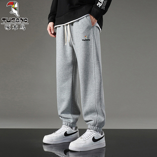 啄木鸟休闲裤男士春秋季宽松纯棉运动裤加绒束脚学生卫裤帅气裤子