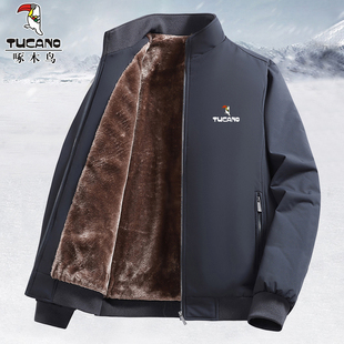 啄木鸟男士外套秋冬季加绒加厚中老年加肥大码立领夹克棉袄爸爸装