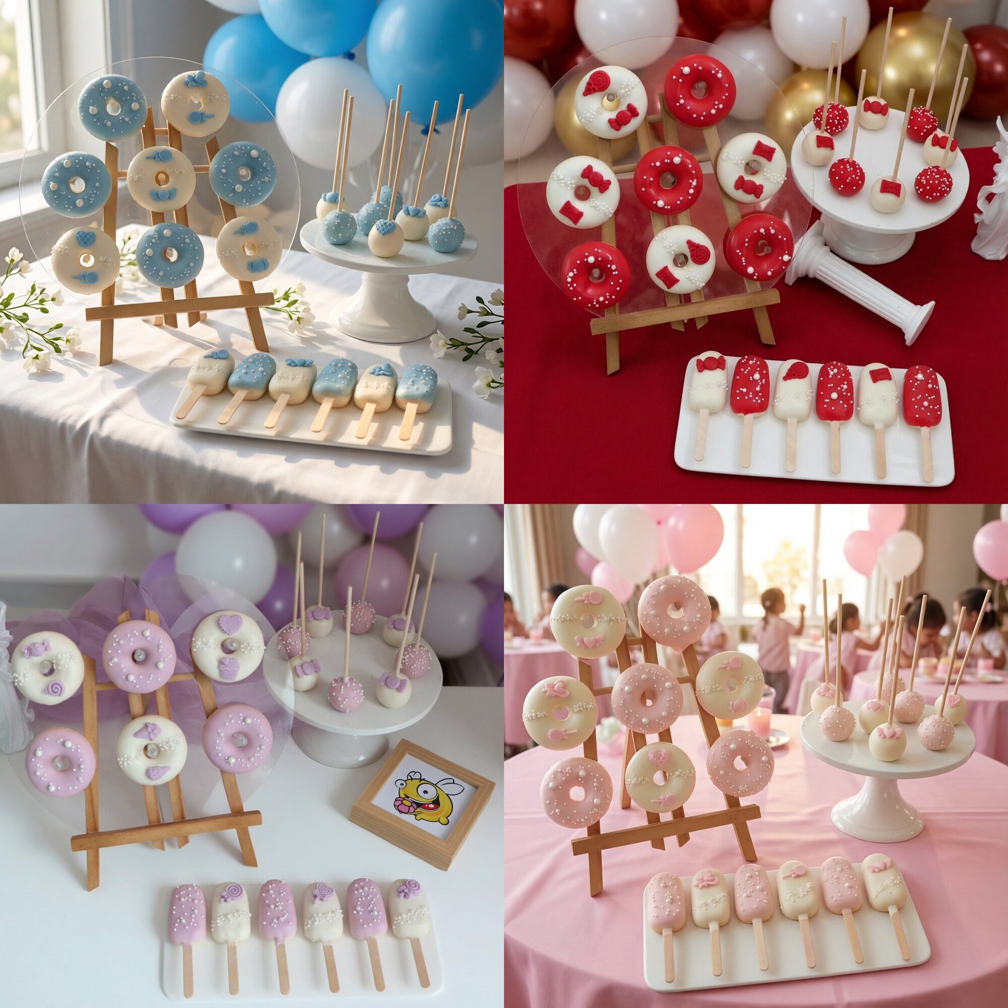 生日婚礼下午茶歇周岁定制甜品台蓝红粉紫色甜甜圈蛋糕小零食摆台