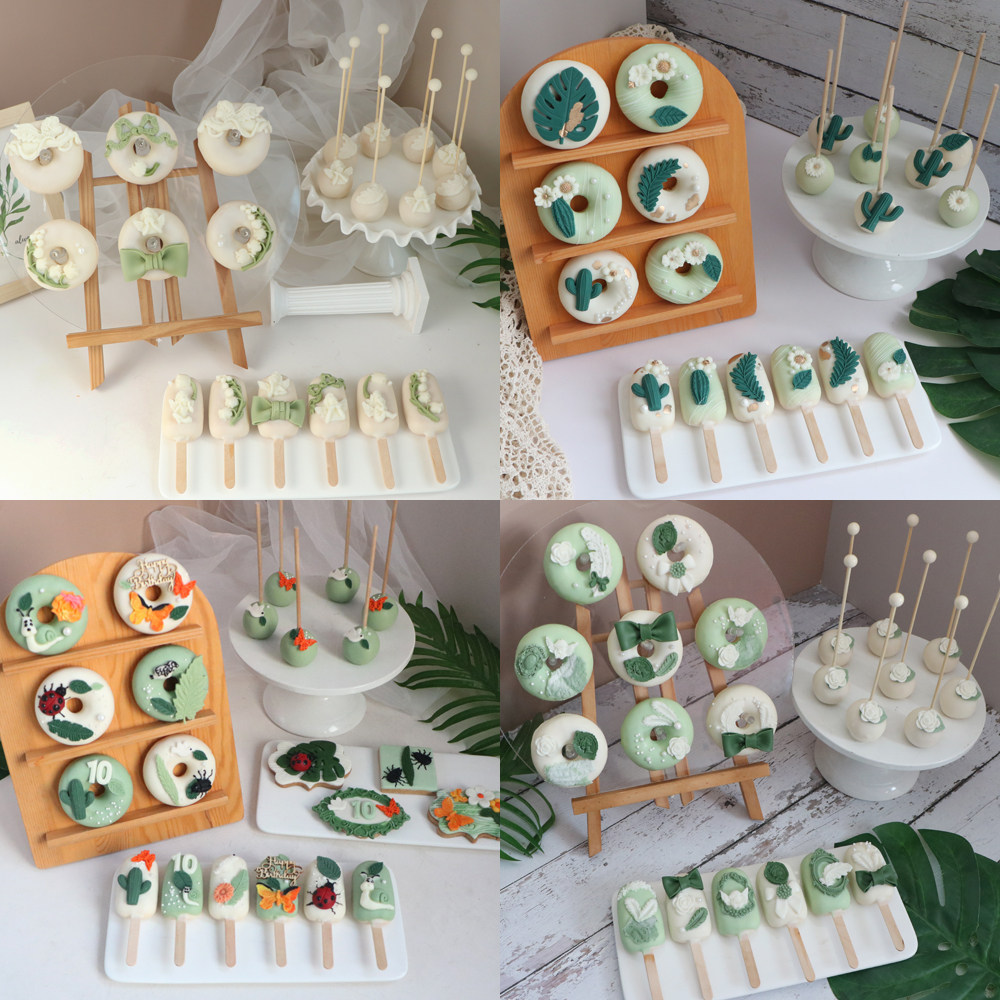 绿色森系户外婚礼下午茶茶歇生日甜品台甜甜圈成品棒棒糖蛋糕摆台