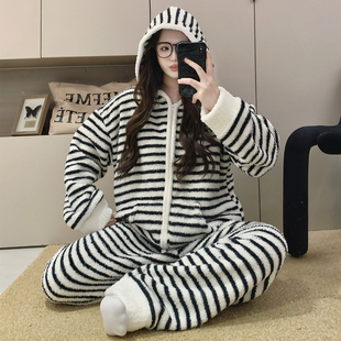 韩版 长裤 条纹连帽拉链加厚绒保暖外穿家居服 长袖 半边绒睡衣女冬季