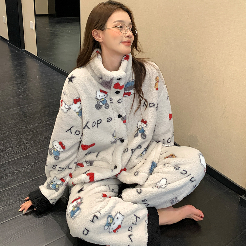 网红风卡通珊瑚绒睡衣女士长袖长裤冬季加厚保暖开衫式高领家居服