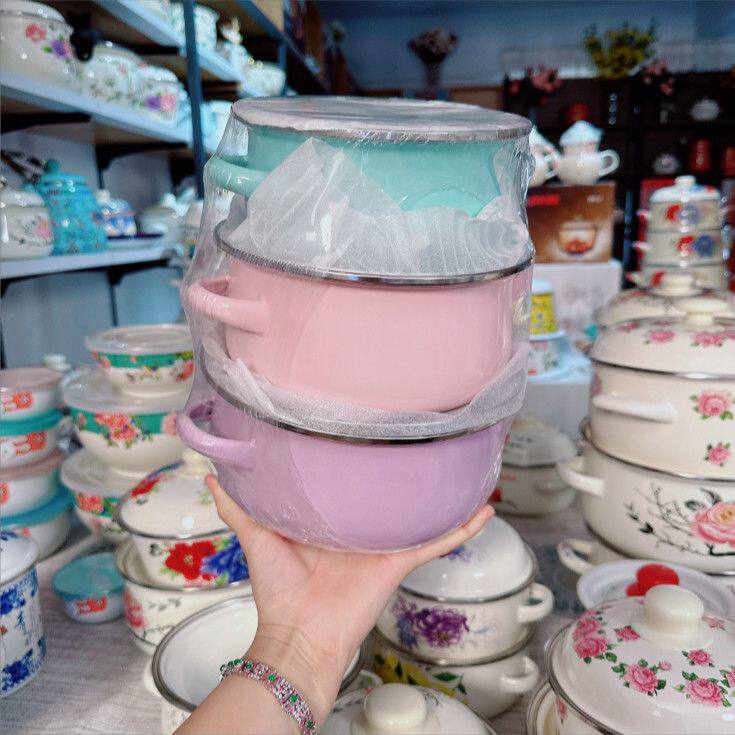 马卡龙系列三色16 18 20cm三件套搪瓷锅珐琅奶锅辅食锅汤锅