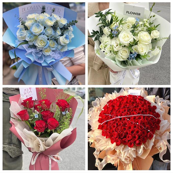 黄冈市黄州区团风红安罗田县同城鲜花店送卡布碎冰蓝玫瑰生日花束