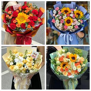 张家口市沽源尚义蔚县阳原县同城鲜花店送男士朋友向日葵玫瑰花束