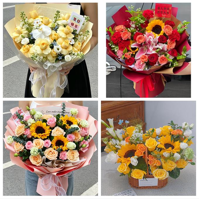 送咸阳市淳化县武功县兴平市同城鲜花店送男士朋友向日葵玫瑰花束