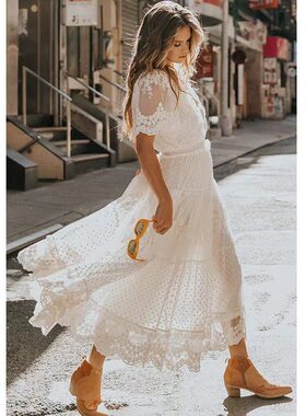 2023欧美夏季外贸新款女装 v领短袖蕾丝连衣裙