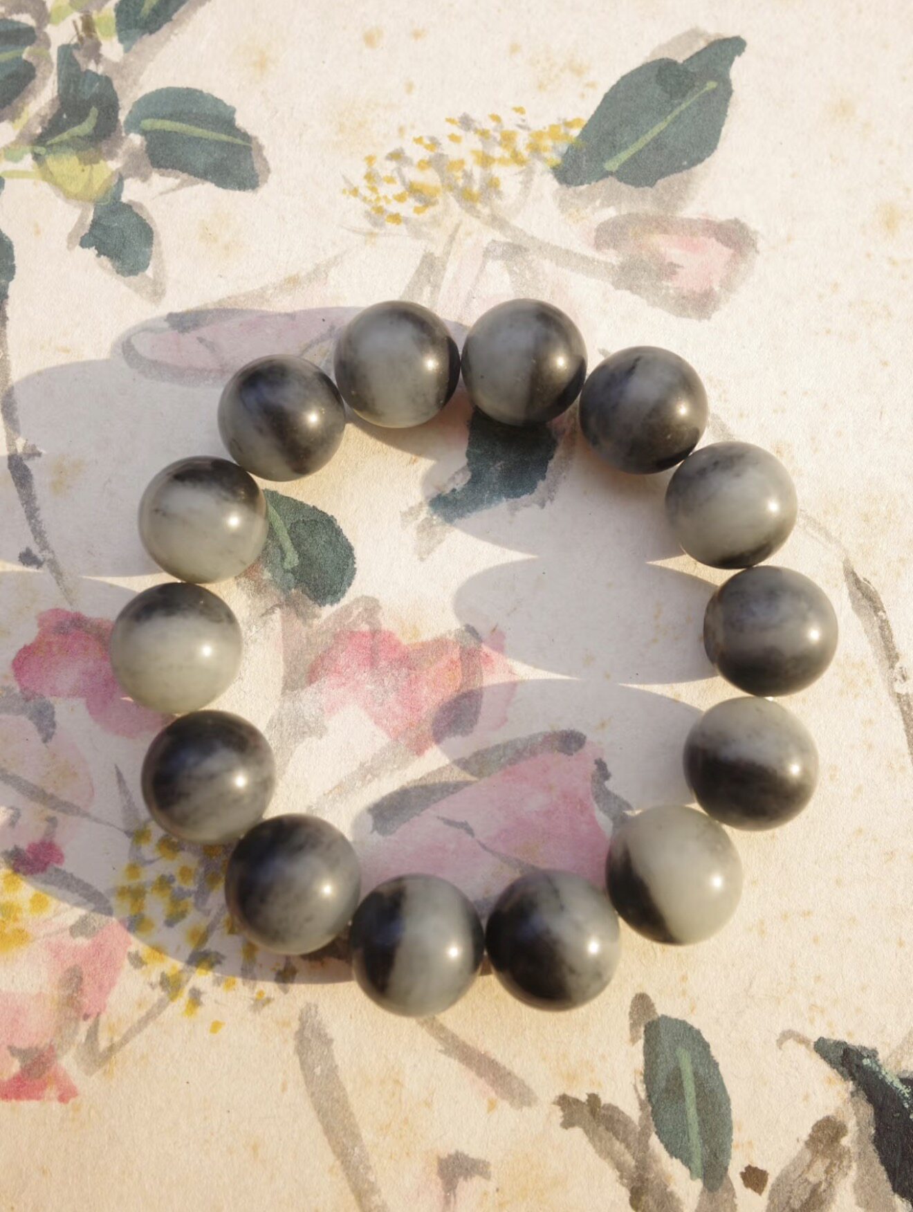 【谢钰儿】新疆和田玉籽料红皮青花聚宝盆半山水手串16mm