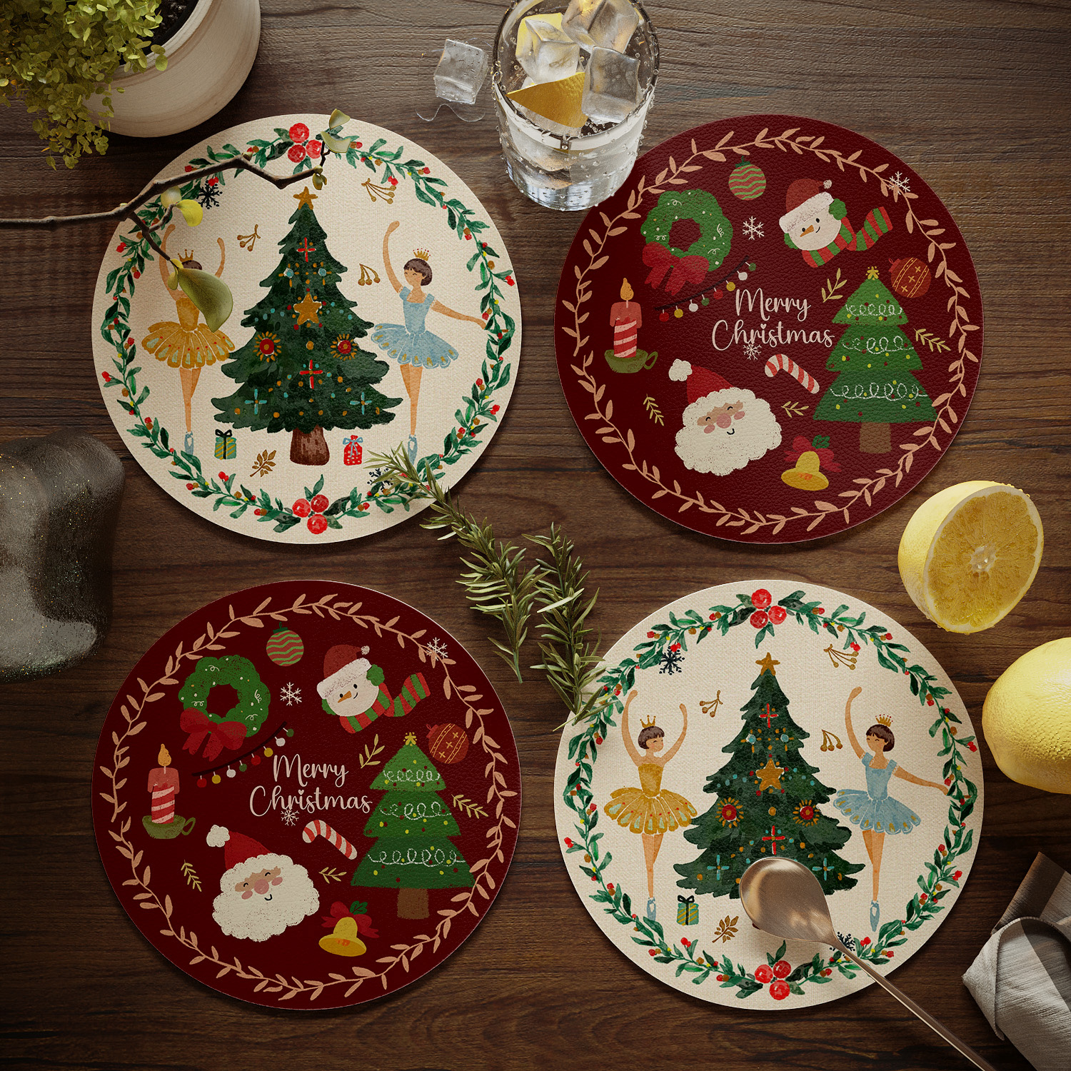 圣诞节快乐餐桌隔热垫圆形小餐垫免洗防水防油碗垫盘垫水杯垫子