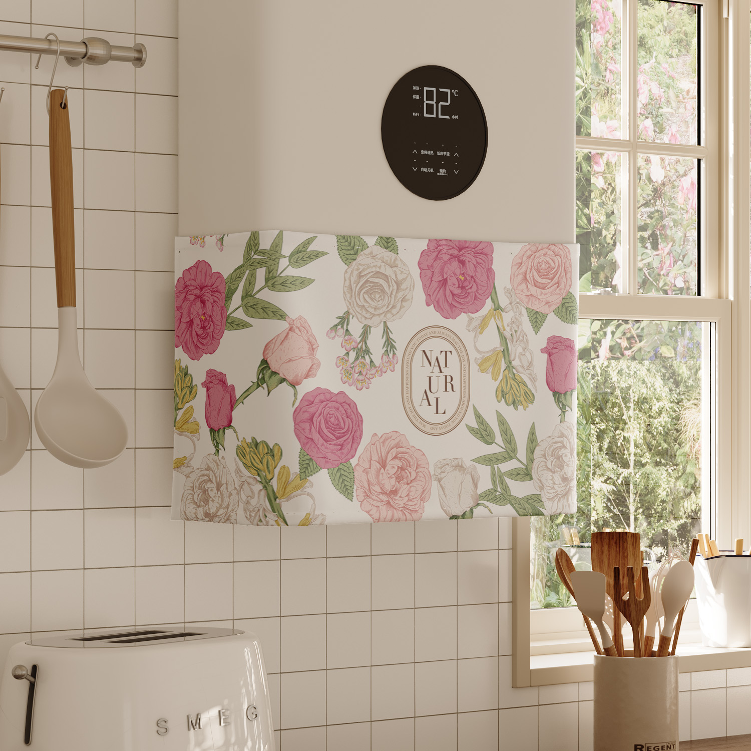 美式花园热水器遮挡帘罩布水管遮丑帘布厨房燃气炉魔术贴帘