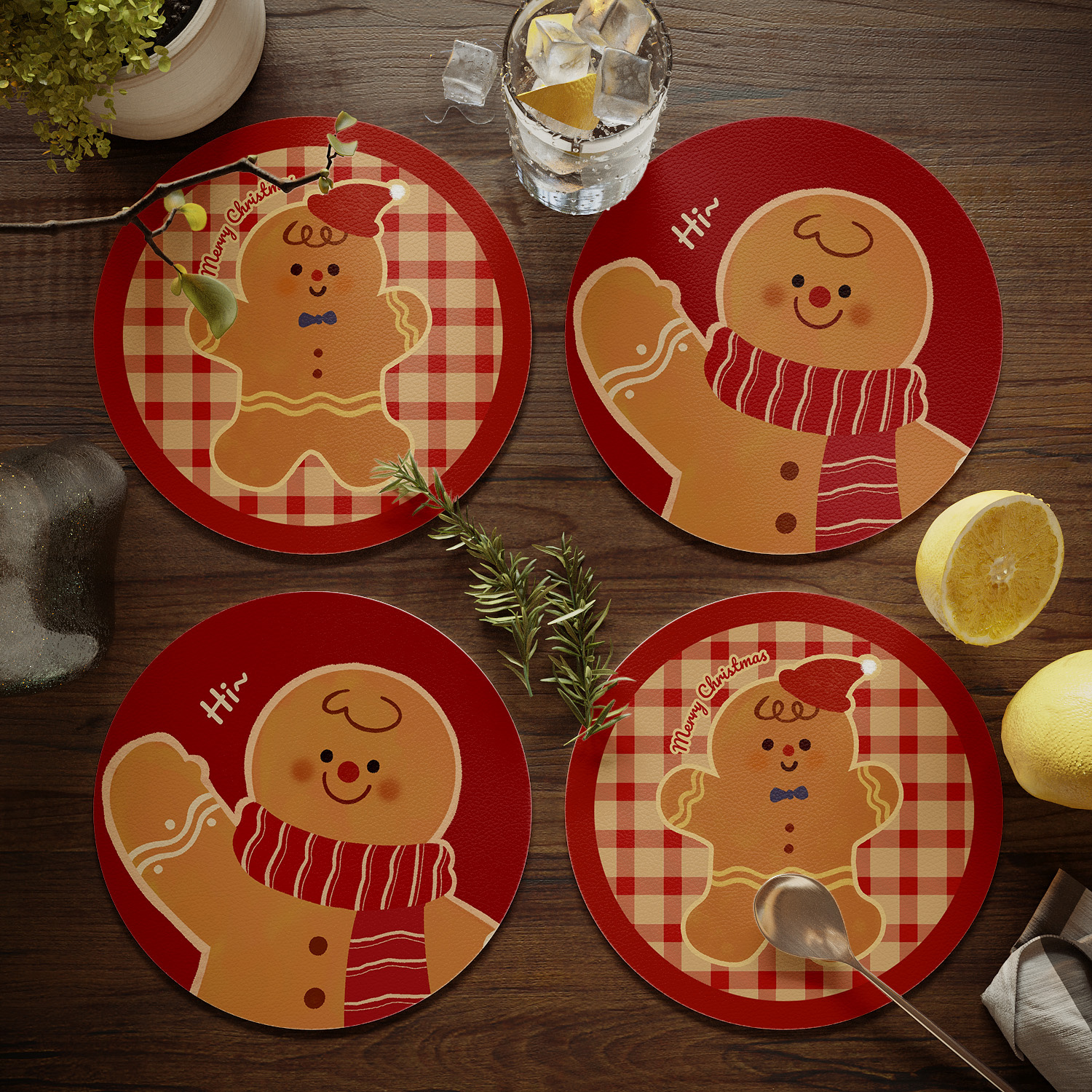 可爱姜饼人餐桌隔热垫圆形小餐垫免洗防水防油碗垫盘垫水杯垫子