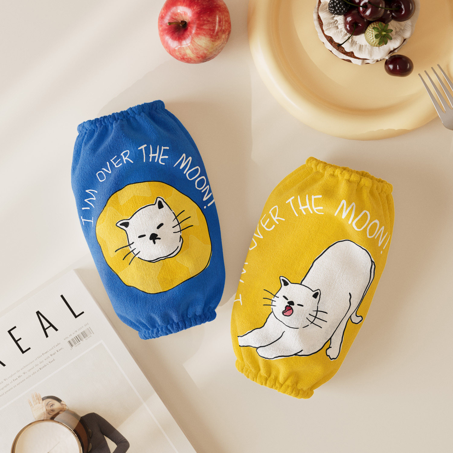 线条小猫套袖女款办公室袖套2025新款秋冬卡通毛绒长款护袖防脏