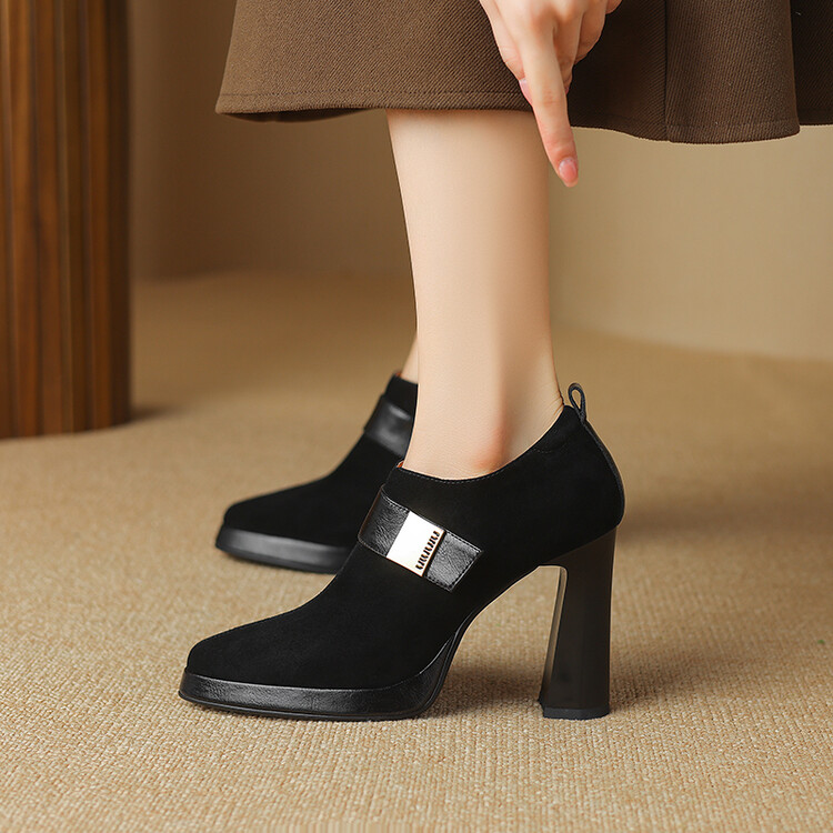 尖头粗跟磨砂高跟通勤女单鞋