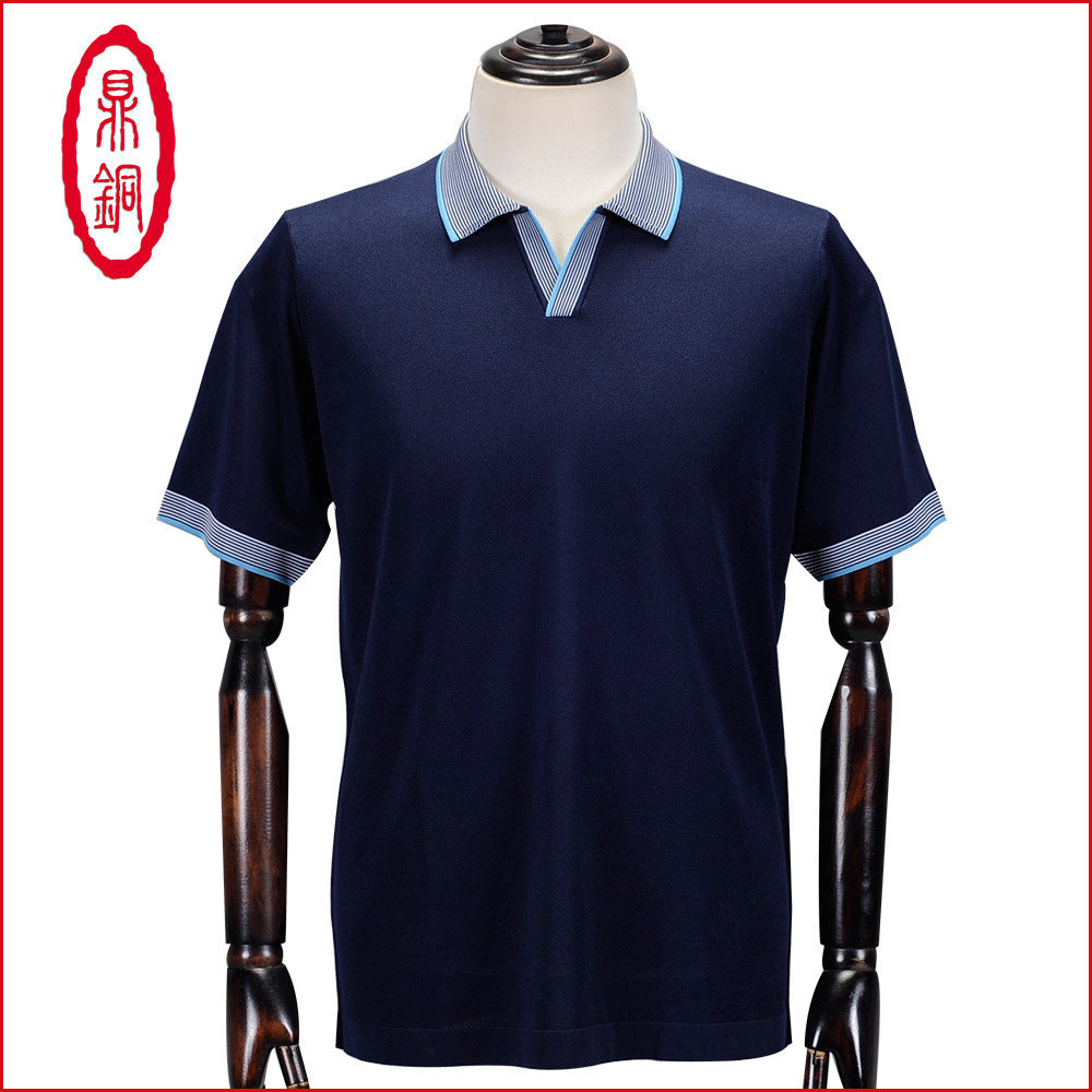 鼎铜纯色夏款高端深蓝男桑蚕丝t恤冰丝中年宽松休闲男士真丝短袖