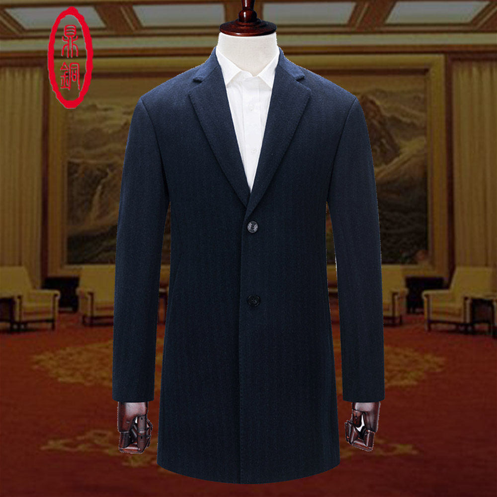 鼎铜西装领羊毛大衣男中年商务休闲暗条纹高端羊绒西服毛呢外套冬
