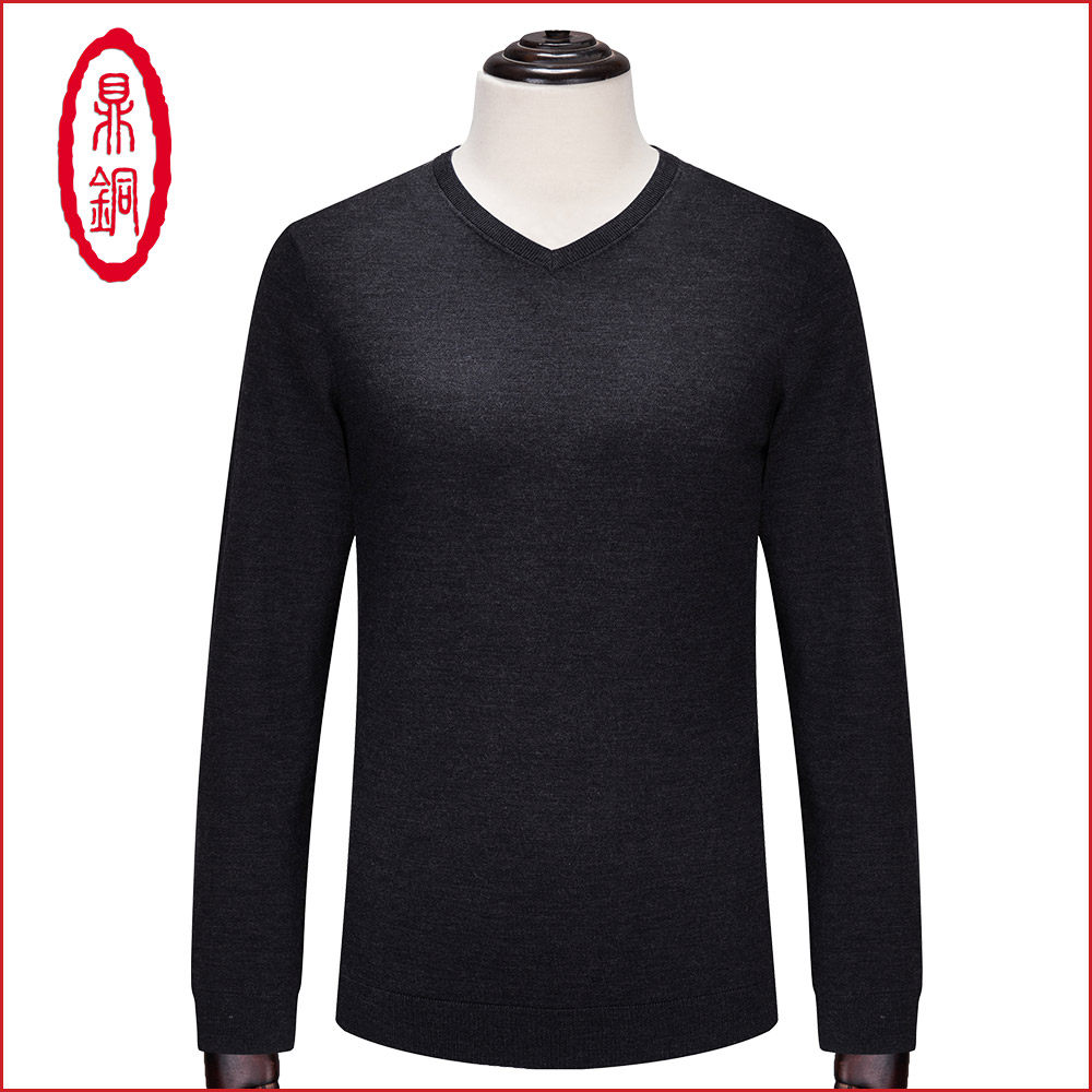 鼎铜羊毛针织衫男秋季新款纯色套头长袖v领薄款毛衣男士毛衫中年