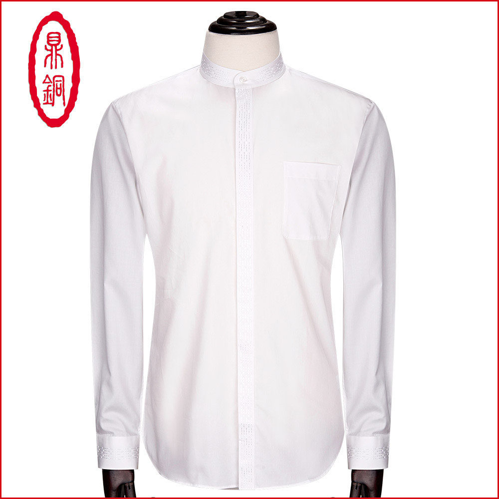 鼎铜修身春夏高端中华立领衬衫男长袖纯棉绣花品牌修身纯白衬衣