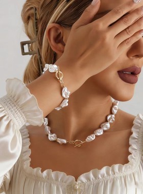 欧美跨境饰品 复古异形巴洛克仿珍珠项链 时尚百搭不规则串珠颈链