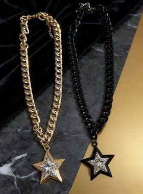 满钻五角星吊坠古巴链项链