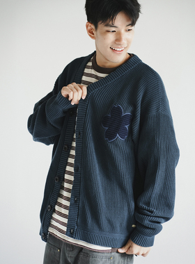 adlib香港 男女春秋新款潮流樱花图案拼布纯棉舒适针织外套 CD100