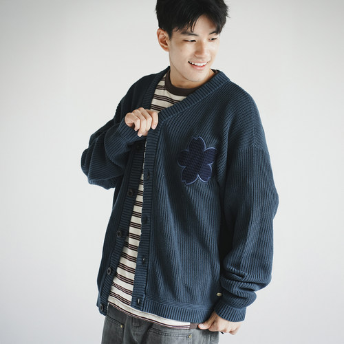 adlib香港 男女春秋新款潮流樱花图案拼布纯棉舒适针织外套 CD100