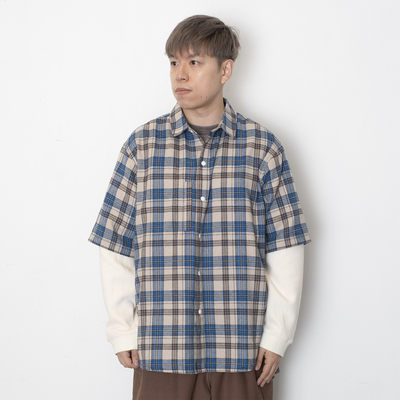 adlib香港 男士翻领长袖潮牌格纹仿两件拼袖宽松衬衫恤衫 ST430