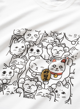 adlib香港 潮牌日常宽松招财猫猫图案绣花纯棉白色短袖T恤 ZT1607