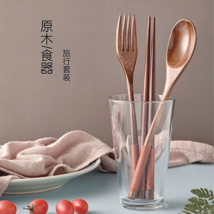 筷子勺子套装 日式 和风便携餐具套装 木勺叉子布袋绕线实木勺叉筷套