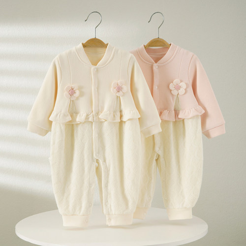 婴儿花朵卫衣布双层连体衣3-12月春秋单层女宝宝哈衣外打底外出服