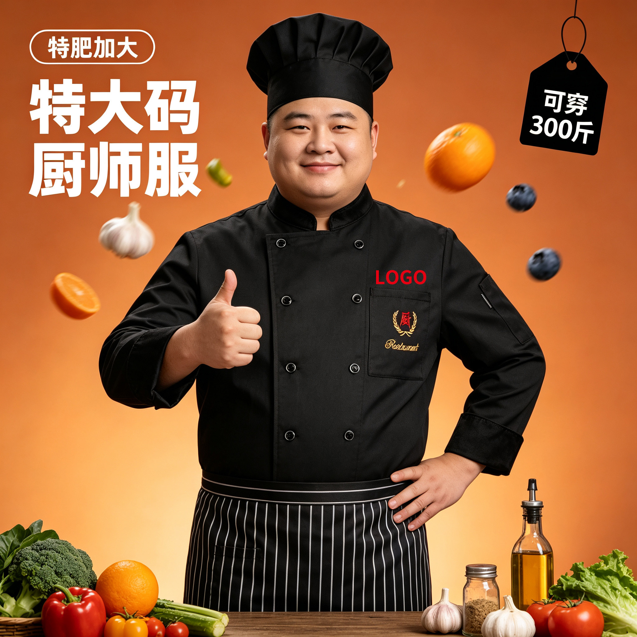 厨师工作服长袖加肥加大300斤										