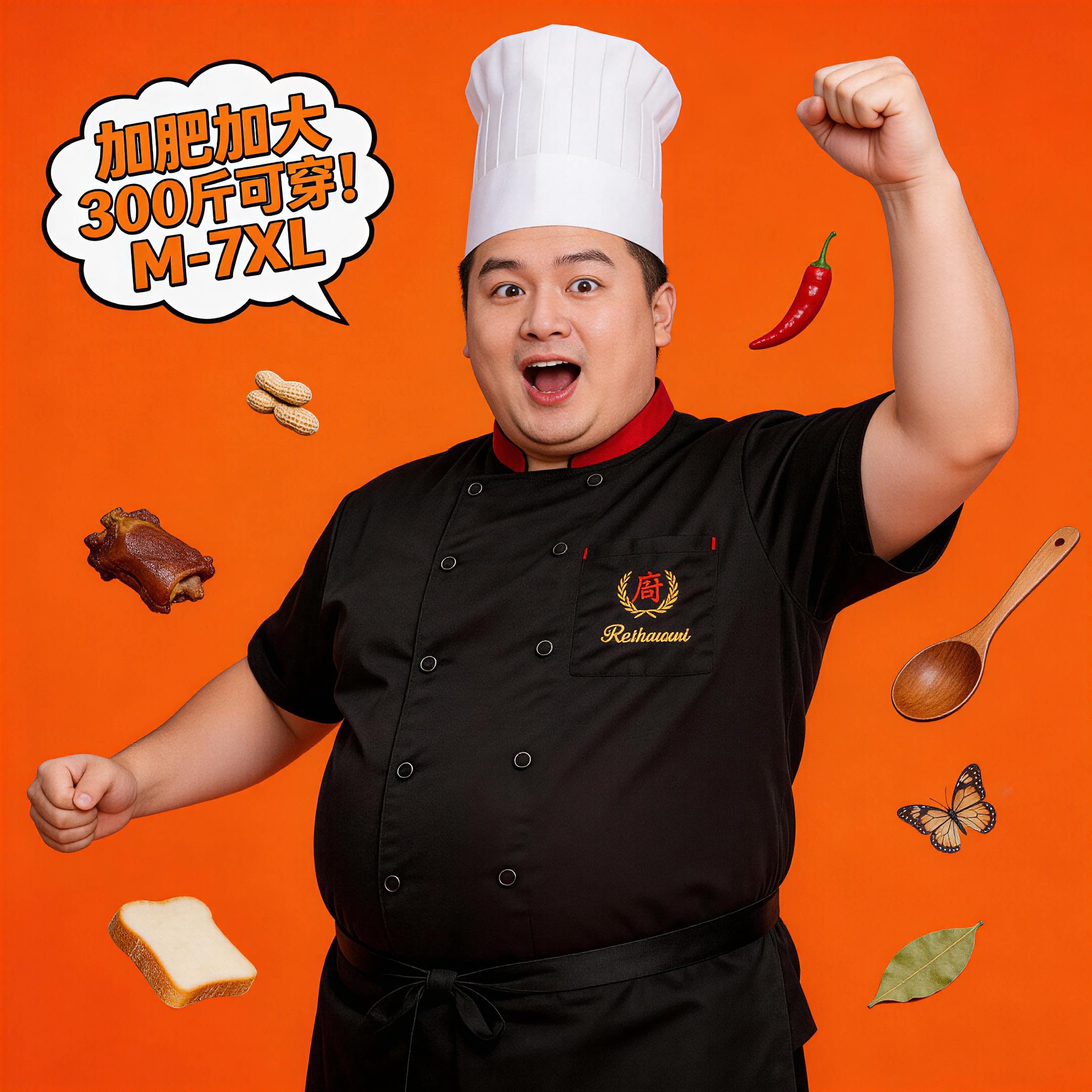 大码餐饮厨师工作服短袖男夏季冰丝透气网肥300斤后厨房工衣长袖