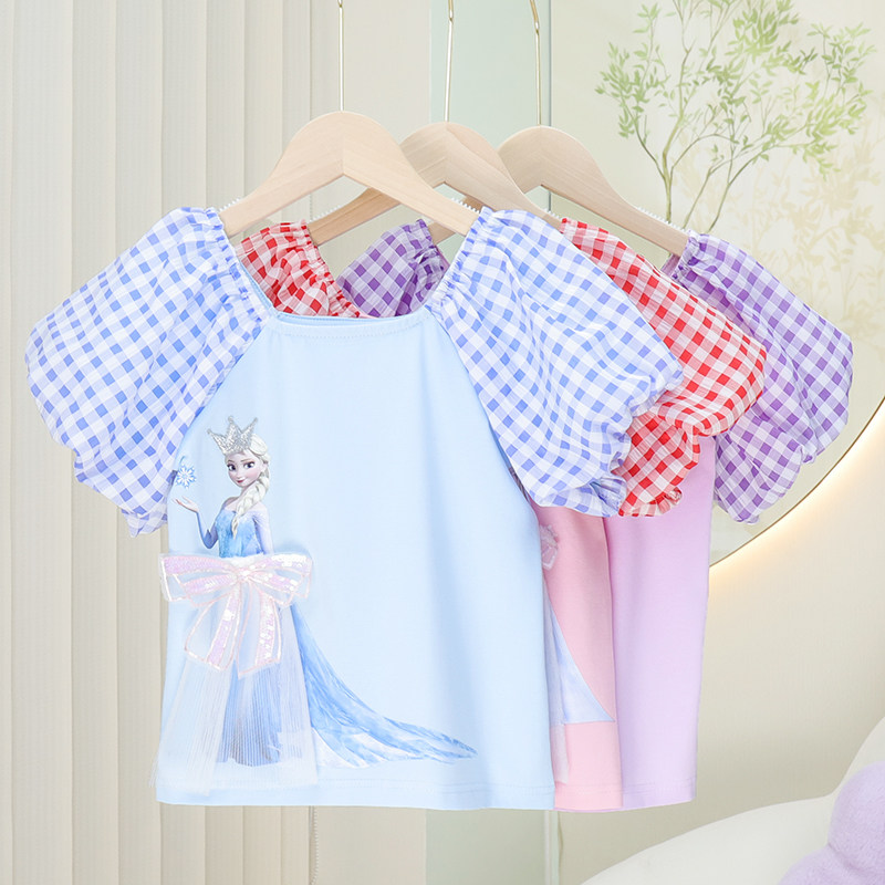 夏季女童短袖t恤宝宝泡泡袖上衣公主洋气女孩圆领休闲时尚夏装