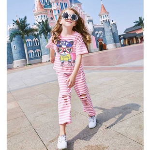 【清仓】夏装女童运动套装新款条纹洋气两件套宽腿纯棉时尚宝宝