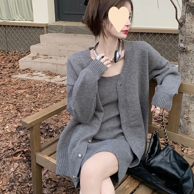 秋季新款女装干练气质小香风针织开衫吊带连衣裙两件套装超值热卖