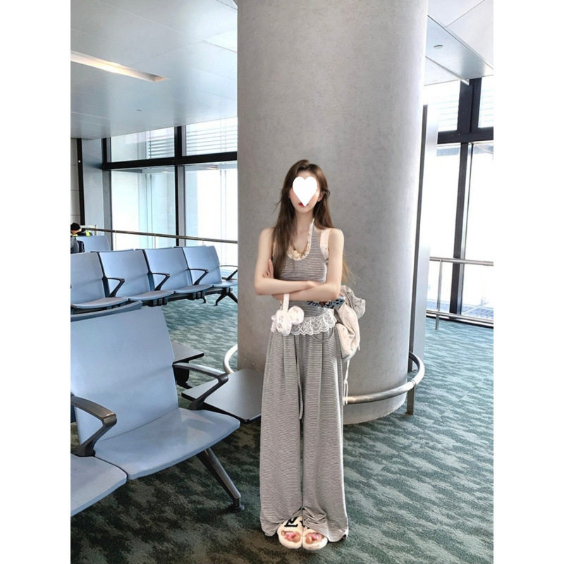 纯欲辣妹夏季性感御姐套装无袖蕾丝花边挂脖美背心上衣高腰阔腿裤