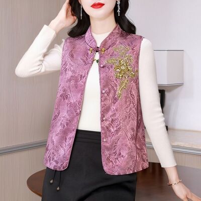 新中式马甲春秋款国风减龄粉色马夹古风坎肩富婆女装阔太太开衫女